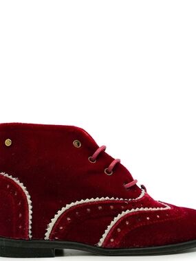 Mannela De Juan Red Velvet Lace-Up Girls Ankle Shoes